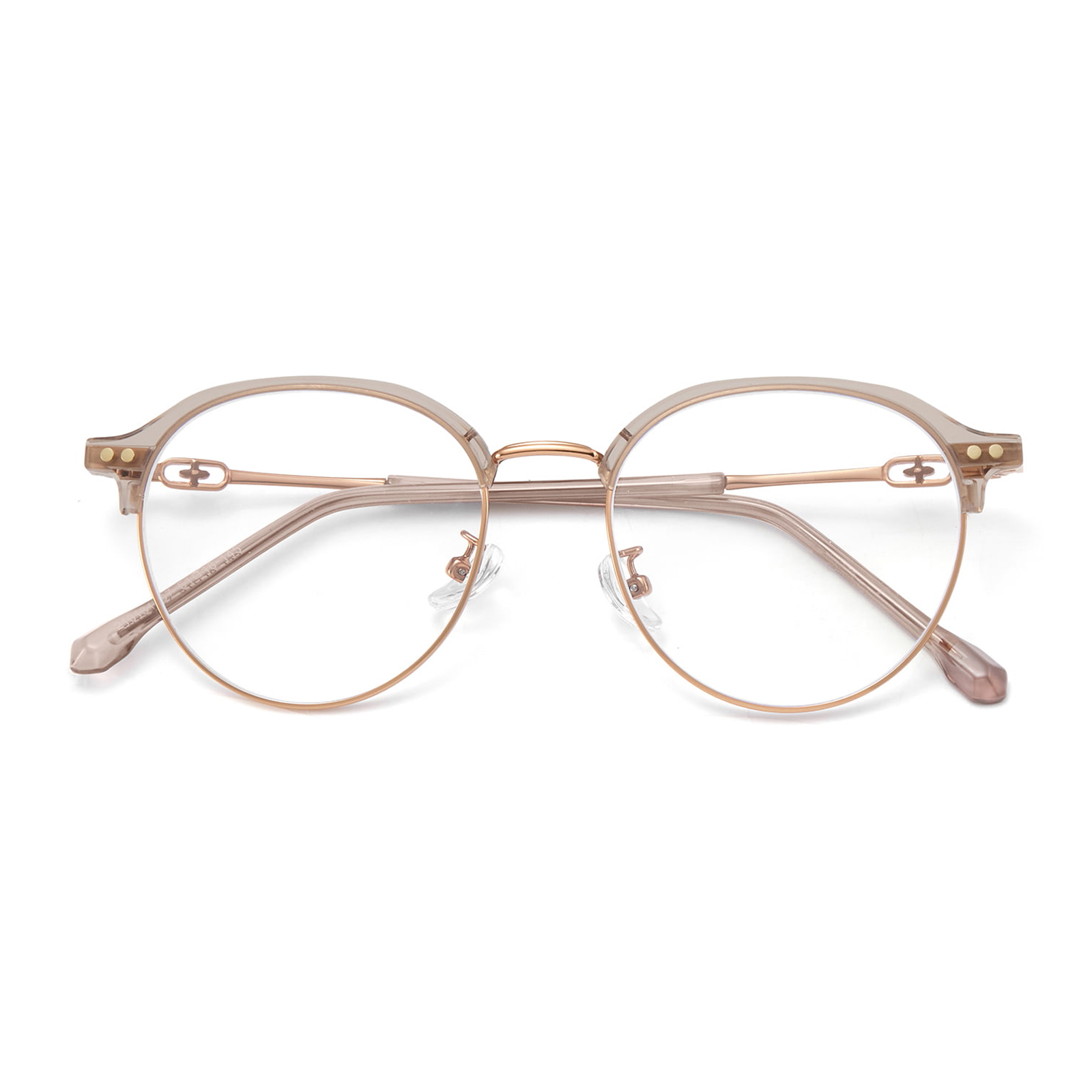 210131 Bril met rond frame en kruisgietwerk dat blauw licht blokkeert
